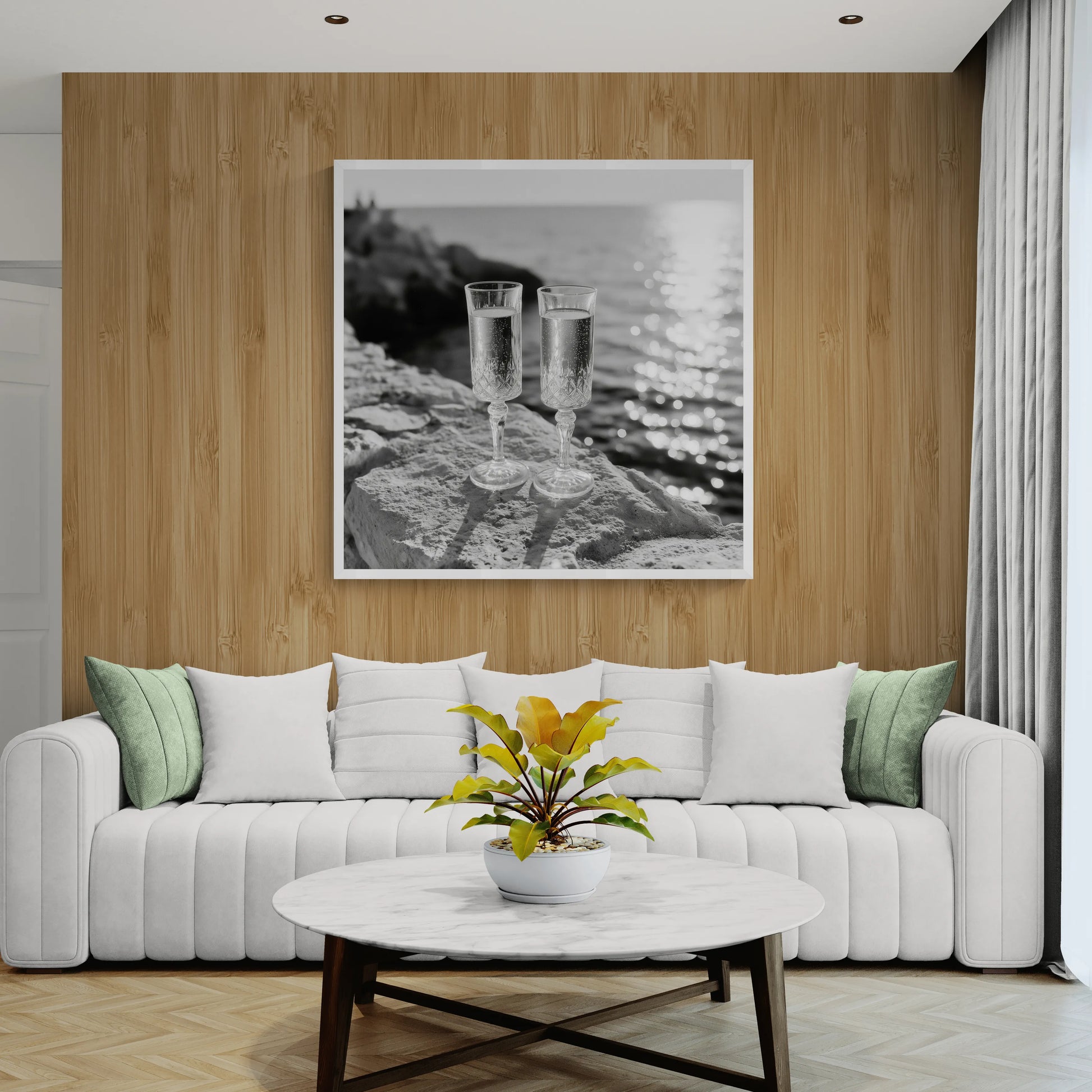 A modern living room with cream sofa, brown wooden wall with a stunning wall art of two champagne flutes
