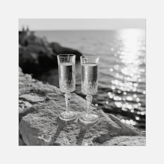 Two champagne glasses on a rock by the water with a wooden frame.