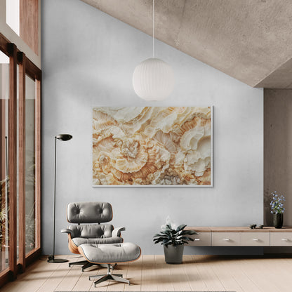 Modern living room with a textured wall art piece, gray armchair, and floor lamp.