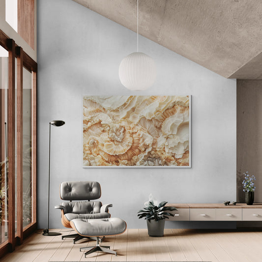 Modern living room with a textured wall art piece, gray armchair, and floor lamp.