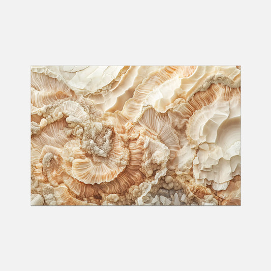 A rectangular wall art print featuring an abstract close-up of layered, organic mushroom-like forms in warm cream, beige, tan, and peach tones, shown against a light gray background.