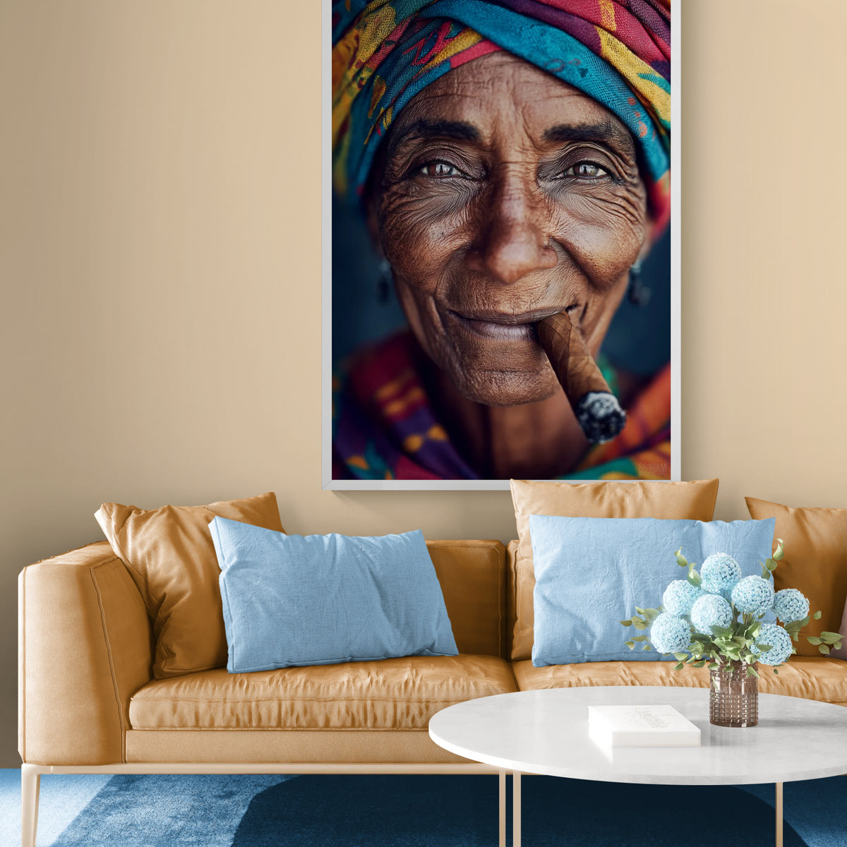 orange and Blue themed living area with art featuring a Cuban women wearing a colourful headscarf smoking a cigar.