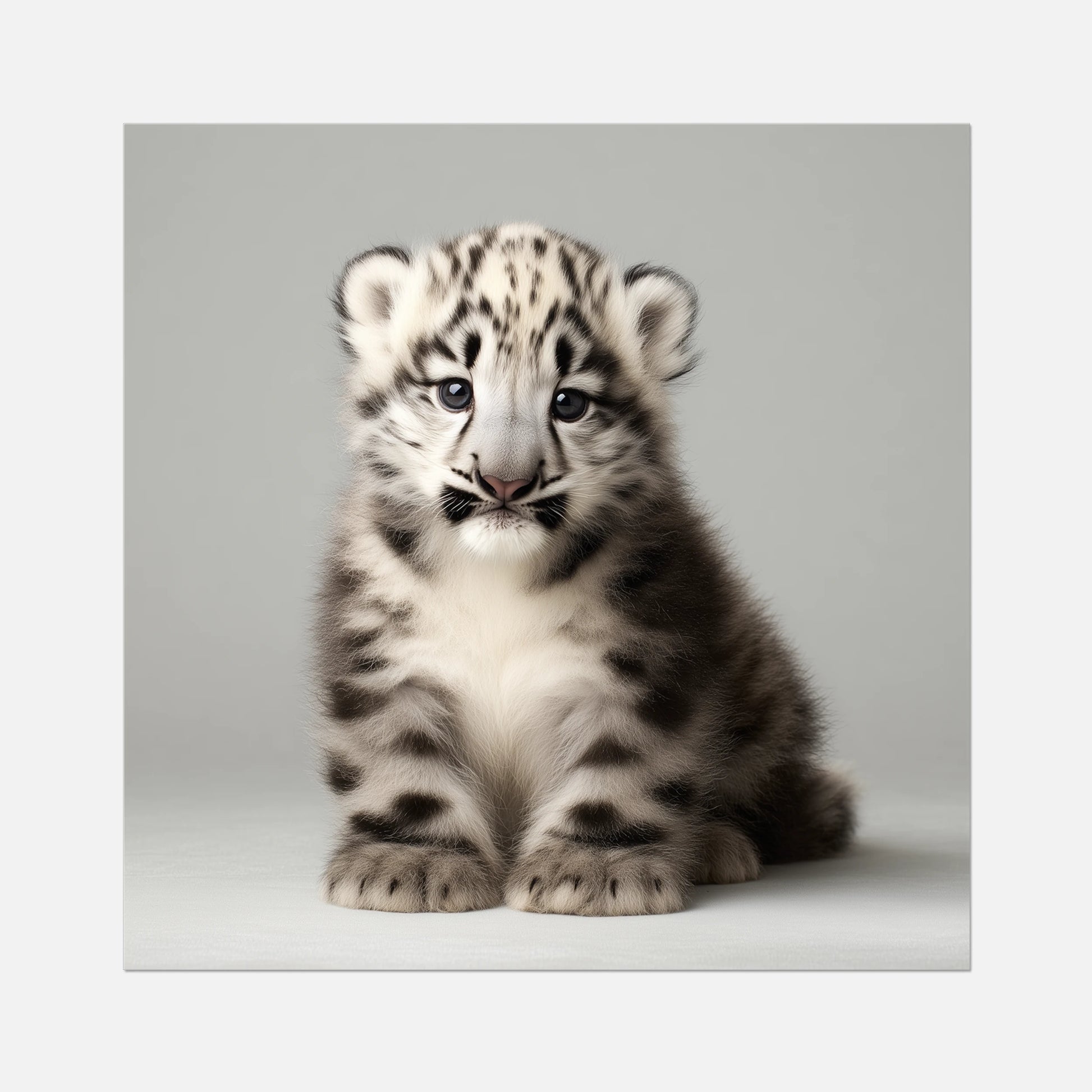 Fine art print of a snow leopard cub on a gray background