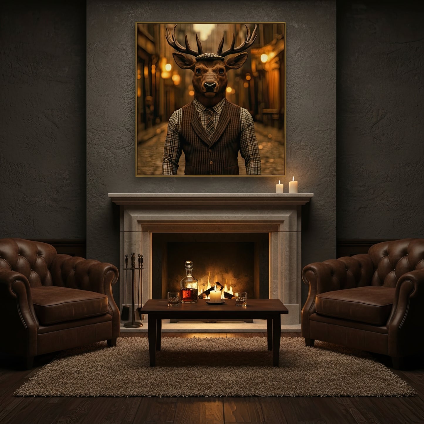 Cozy living room with fireplace, leather chairs, and a framed picture of a stag above the mantel.