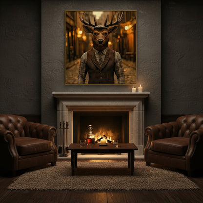 Cozy living room with fireplace, leather chairs, and a framed picture of a stag above the mantel.
