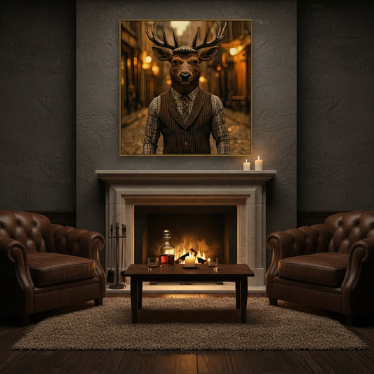 Cozy living room with fireplace, leather chairs, and a framed picture of a stag above the mantel.