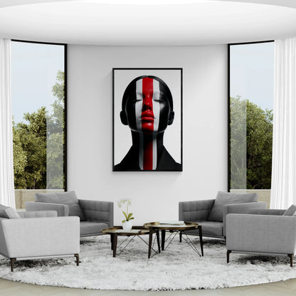 Modern living room with gray sofa, coffee table, and abstract art on wall