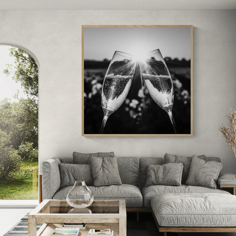 A large framed black and white wall art print depicting two clinking champagne glasses, displayed above a gray fabric sectional sofa in a modern living room setting.