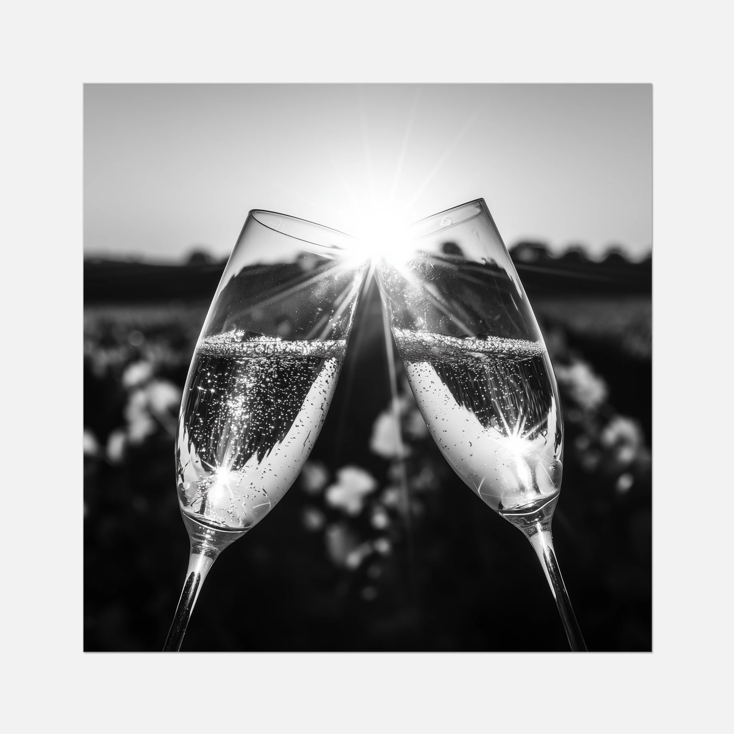 Two champagne glasses with bubbles against a blurred natural background