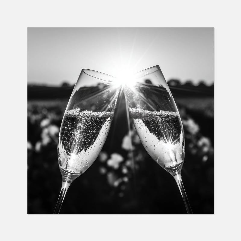Two champagne glasses with bubbles against a blurred natural background