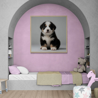 A framed wall art print of a black, white, and tan cute Swiss Mountain Dog puppy sitting on a gray background, displayed on a lavender-painted wall above a bed in a styled children's bedroom.