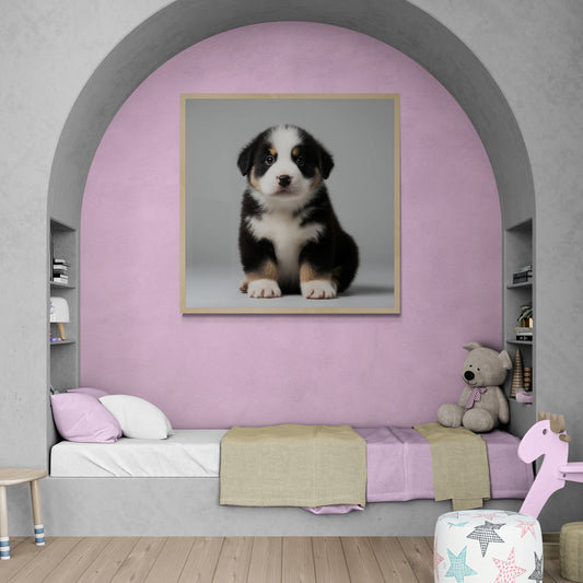 A framed wall art print of a black, white, and tan cute Swiss Mountain Dog puppy sitting on a gray background, displayed on a lavender-painted wall above a bed in a styled children's bedroom.