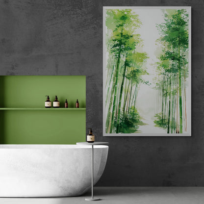 One of the bets Austrlian bathrooms in 2026 with large stone bathtub, green accented niche, grey concrete wall and artwork of a Japandi forest scene with tall trees on a white background