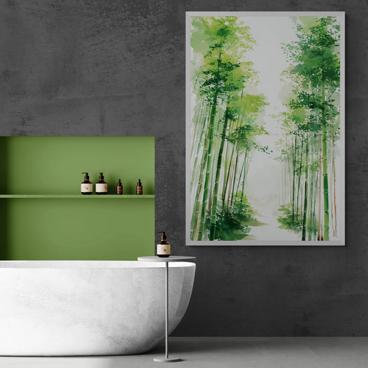 One of the bets Austrlian bathrooms in 2026 with large stone bathtub, green accented niche, grey concrete wall and artwork of a Japandi forest scene with tall trees on a white background