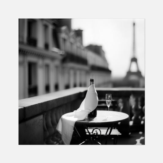 Fine art print of a bottle and wine glass on a table with the Eiffel Tower in the background