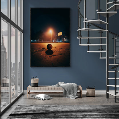 A large vertical framed wall art print depicting a moody nighttime basketball court scene with a glowing streetlamp and shadow, displayed on a blue-gray wall in a modern interior with a spiral staircase, bench, and city view.