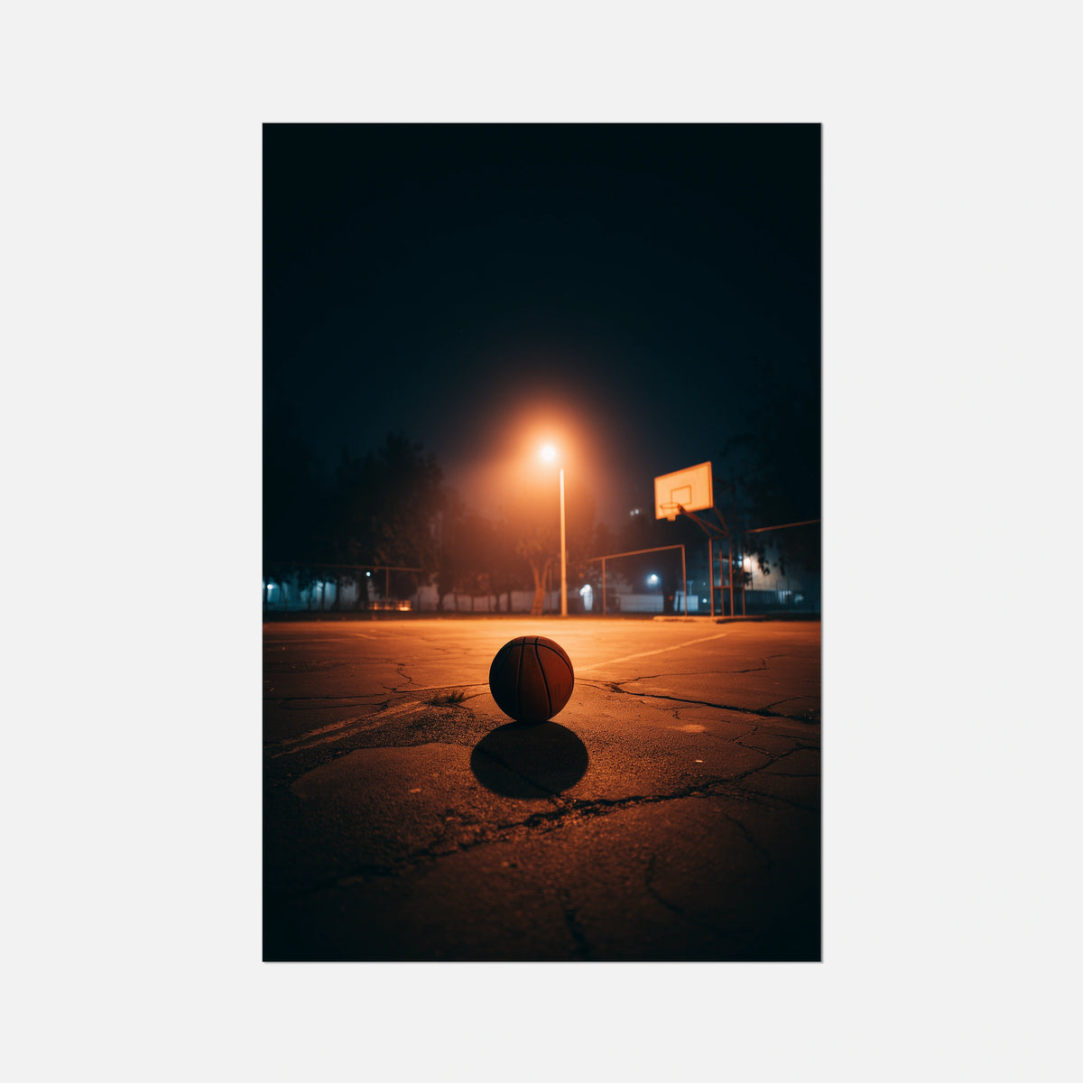 A vertical photographic print of a basketball on a cracked asphalt court at night under a bright streetlamp, centered on a light gray background.