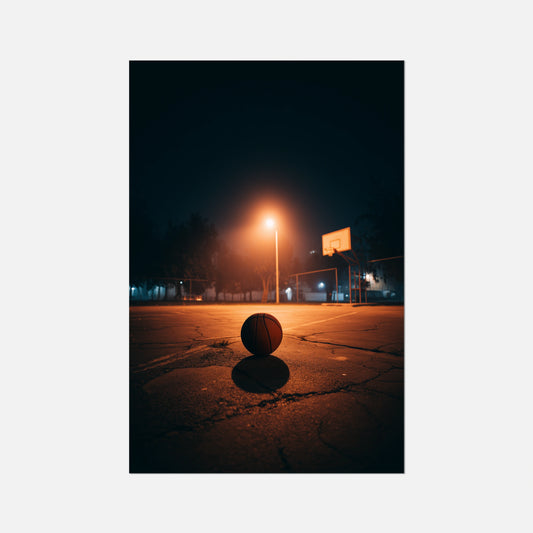 A vertical photographic print of a basketball on a cracked asphalt court at night under a bright streetlamp, centered on a light gray background.