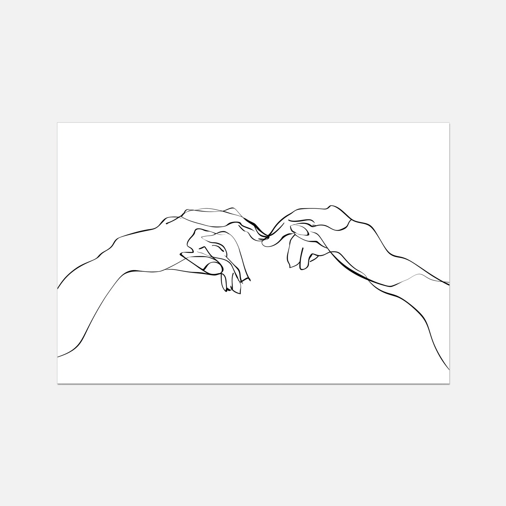 Line art of two hands reaching towards each other on a white background