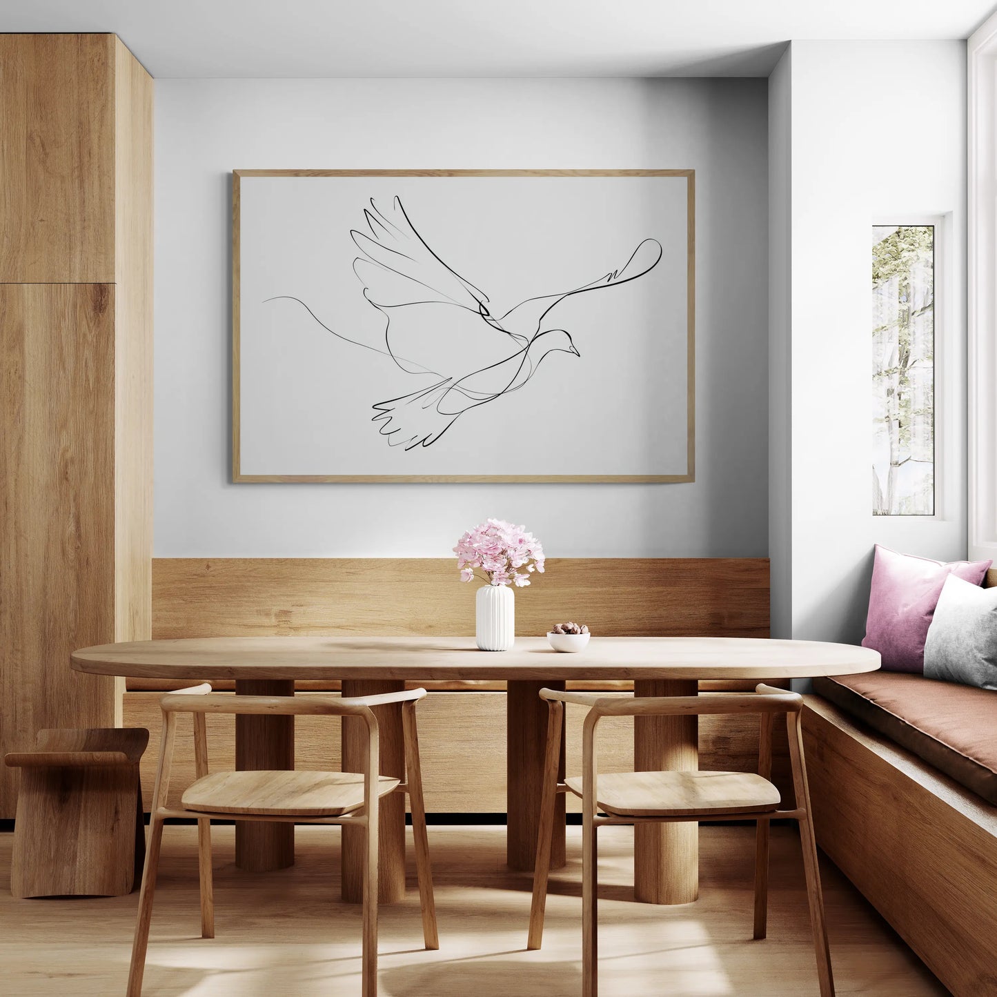 Dining area with wooden furniture, table, chairs, and the best wall art of a dove.