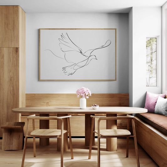 Dining area with wooden furniture, table, chairs, and the best wall art of a dove.