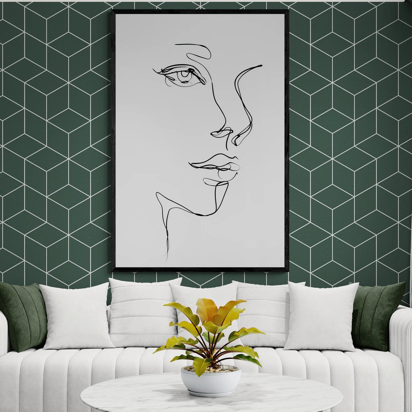 The best modern living room with a geometric wall pattern, white sofa, and abstract minimalist line art of a women's face.