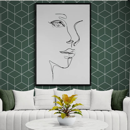 The best modern living room with a geometric wall pattern, white sofa, and abstract minimalist line art of a women's face.