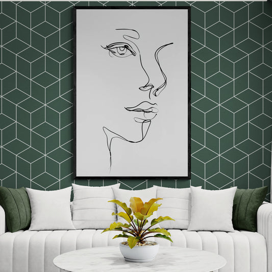 The best modern living room with a geometric wall pattern, white sofa, and abstract minimalist line art of a women's face.