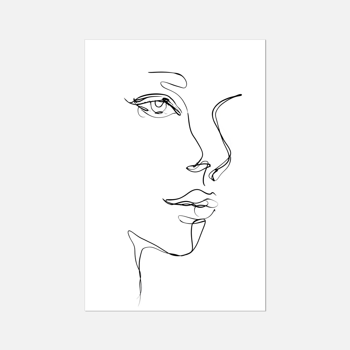 A minimalist black and white line art print of a woman's face in profile, presented in a thin white frame against a light gray background.