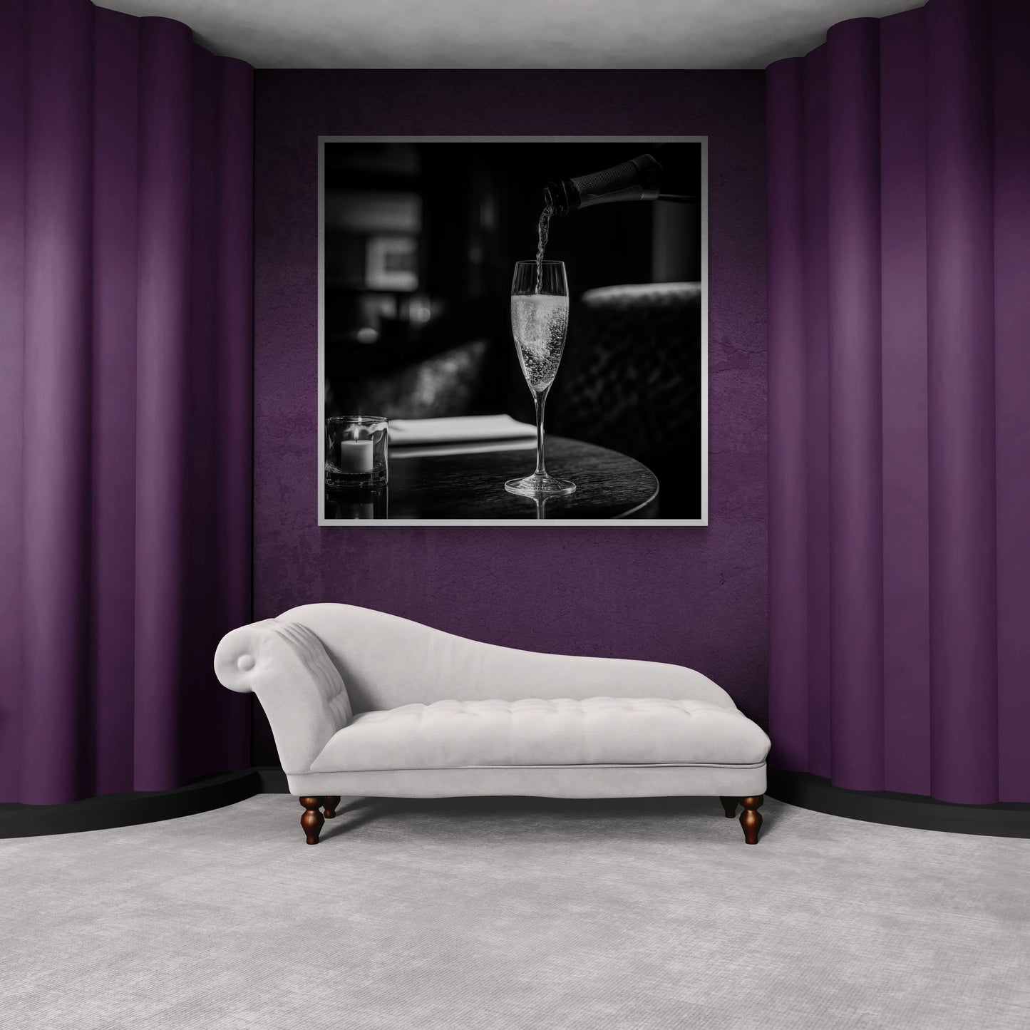 White chaise lounge in a room with purple walls and a framed picture of a glass of champagne.