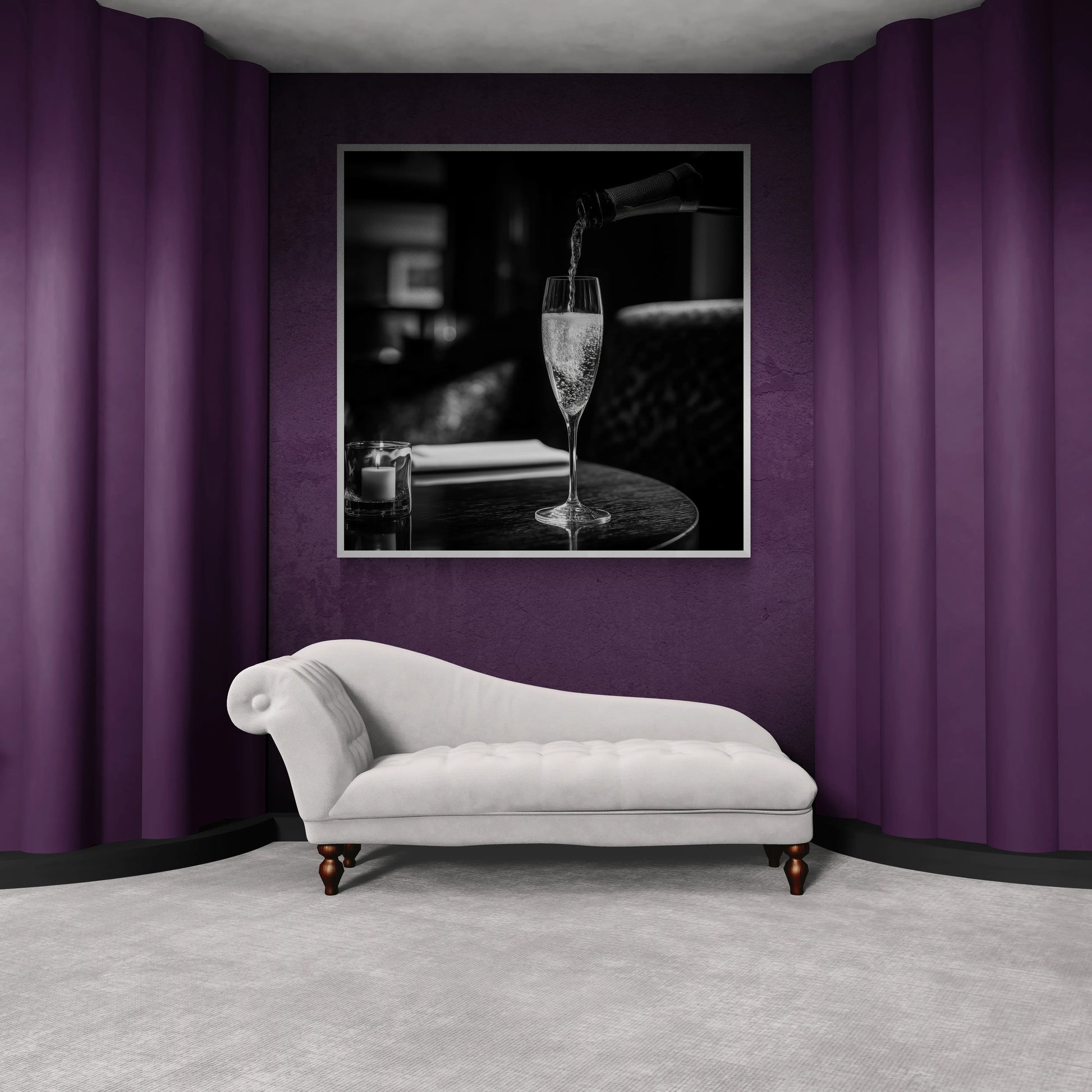 White chaise lounge in a room with purple walls and a framed picture of a glass of champagne.