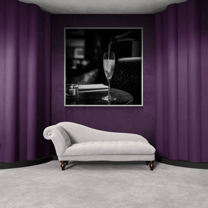 White chaise lounge in a room with purple walls and a framed picture of a glass of champagne.