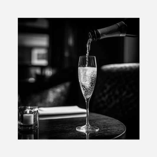 Fine art print of champagne being poured into a glass on a table with a blurred background
