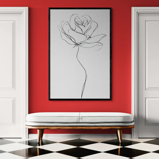 The best framed line art of a rose on a red wall with a white bench and black and white checkered floor.
