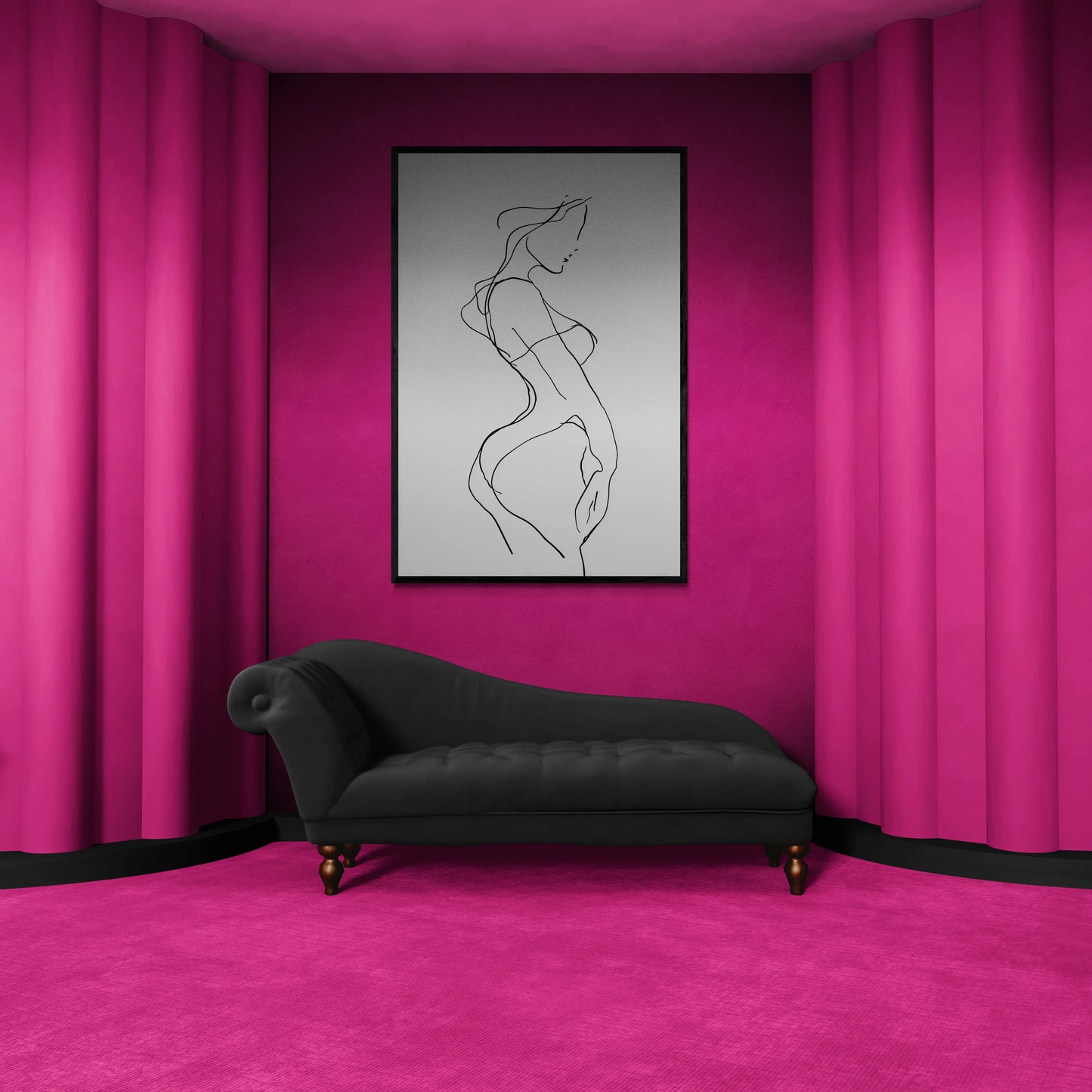 Black sofa in a room with pink walls and curtains, featuring a line art painting of a woman.