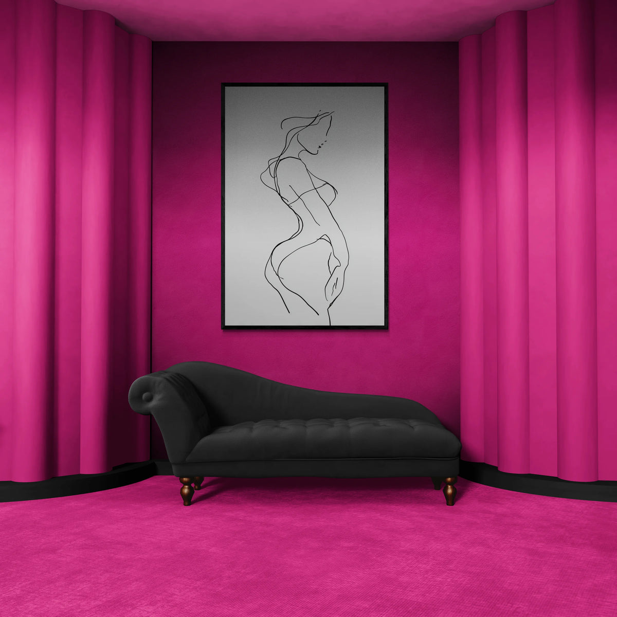 Black sofa in a room with pink walls and curtains, featuring a line art painting of a woman.