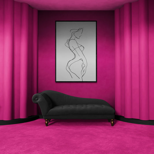 Black sofa in a room with pink walls and curtains, featuring a line art painting of a woman.