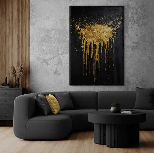 Modern living room with a gray sofa, black coffee table, and abstract gold painting on the wall.