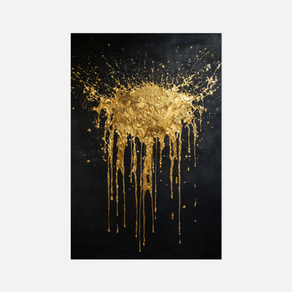 Gold splatter and drip design on a black background