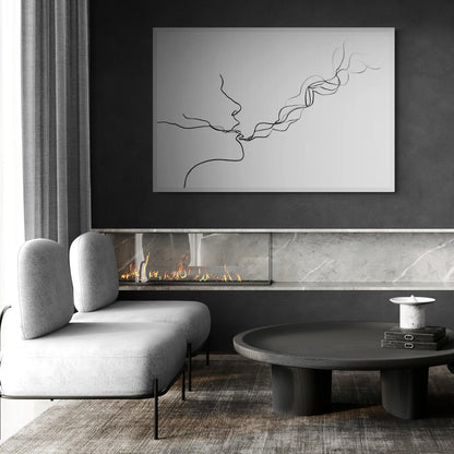 The best modern living room with a fireplace, gray sofa, and abstract black line artwork.