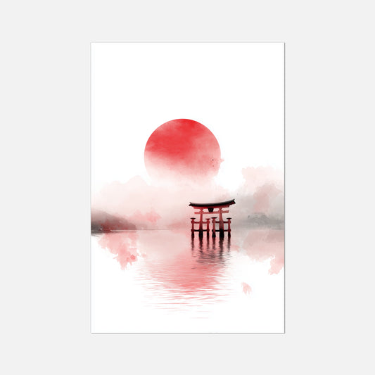  Japandi red sun and gate over water on a white background fine art print