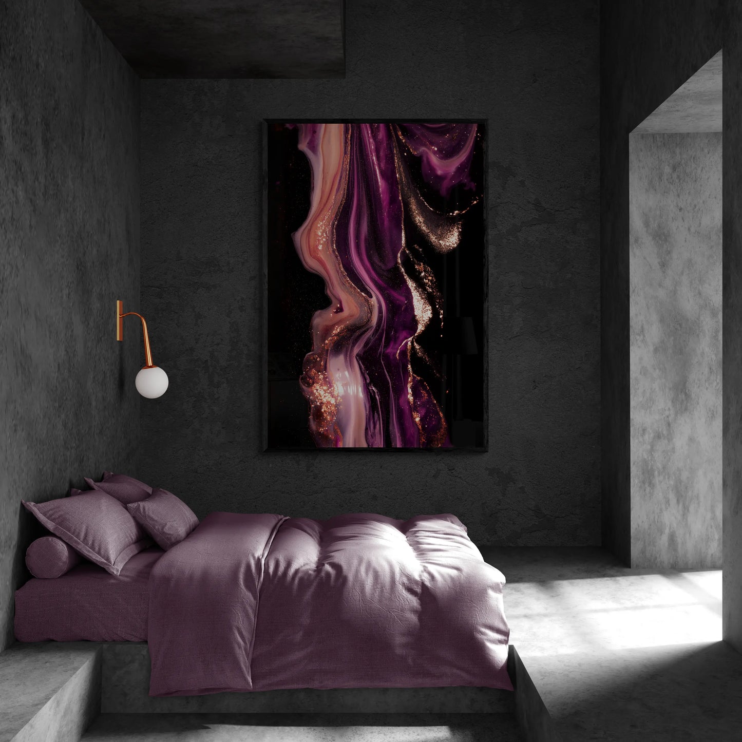 Modern bedroom with dark walls, a bed with purple bedding, and an abstract art piece on the wall.