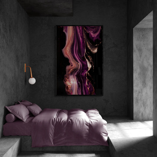 Modern bedroom with dark walls, a bed with purple bedding, and an abstract art piece on the wall.