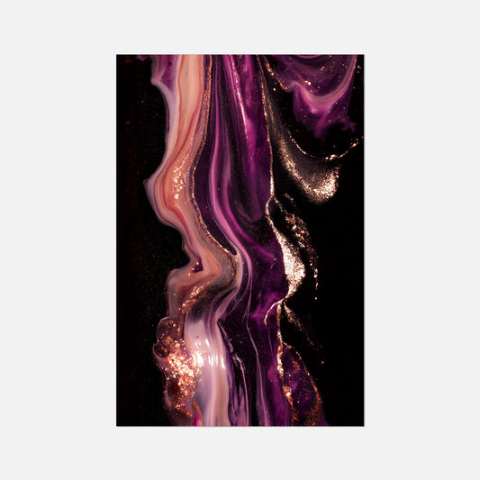 Abstract art with swirling purple and pink patterns on a dark background