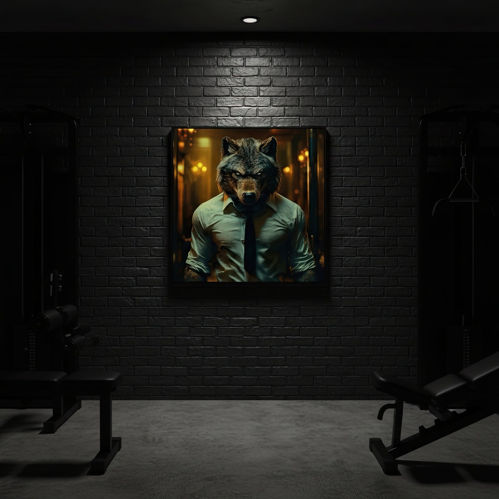 Framed artwork of a wolf wearing a white shirt on a brick wall in a dimly lit home gym.