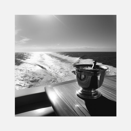 Champagne bucket on a wooden deck with ocean view