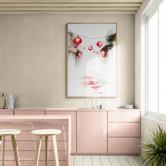 The best modern kitchen with pink cabinets, a sink, and a decorative painting on the wall.