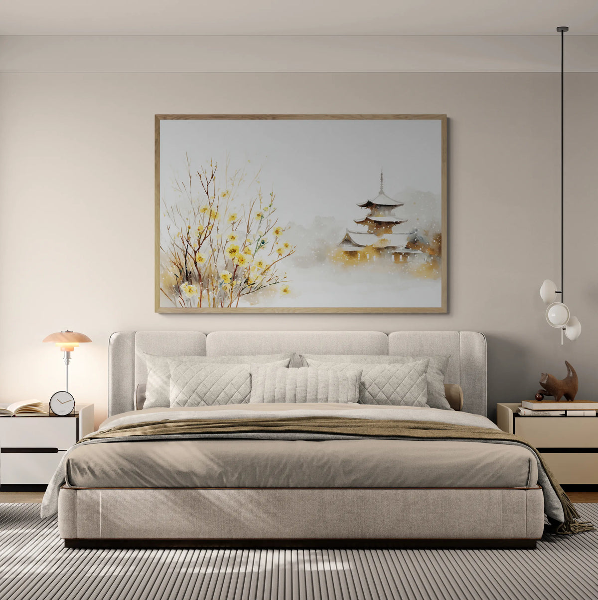 A modern bedroom featuring a large framed wall art print depicting a Japanese pagoda and yellow blossoms, hung above a beige upholstered bed.