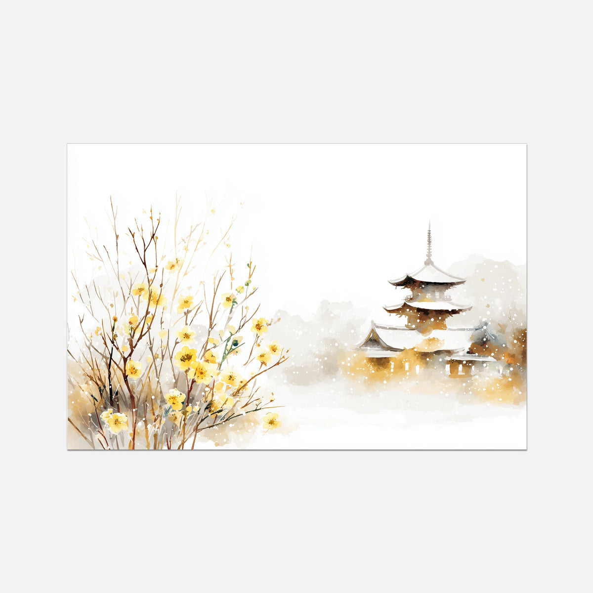 A rectangular watercolor-style art print showing a snowy Japanese pagoda on the right and yellow blossoms on the left, set against a light gray background.