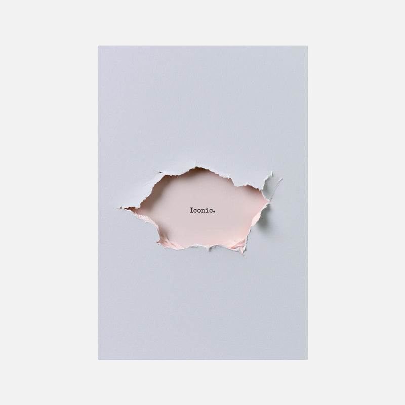 A minimalist art print featuring a light gray background with a torn-paper effect revealing a pale pink interior. The word 'Iconic'.